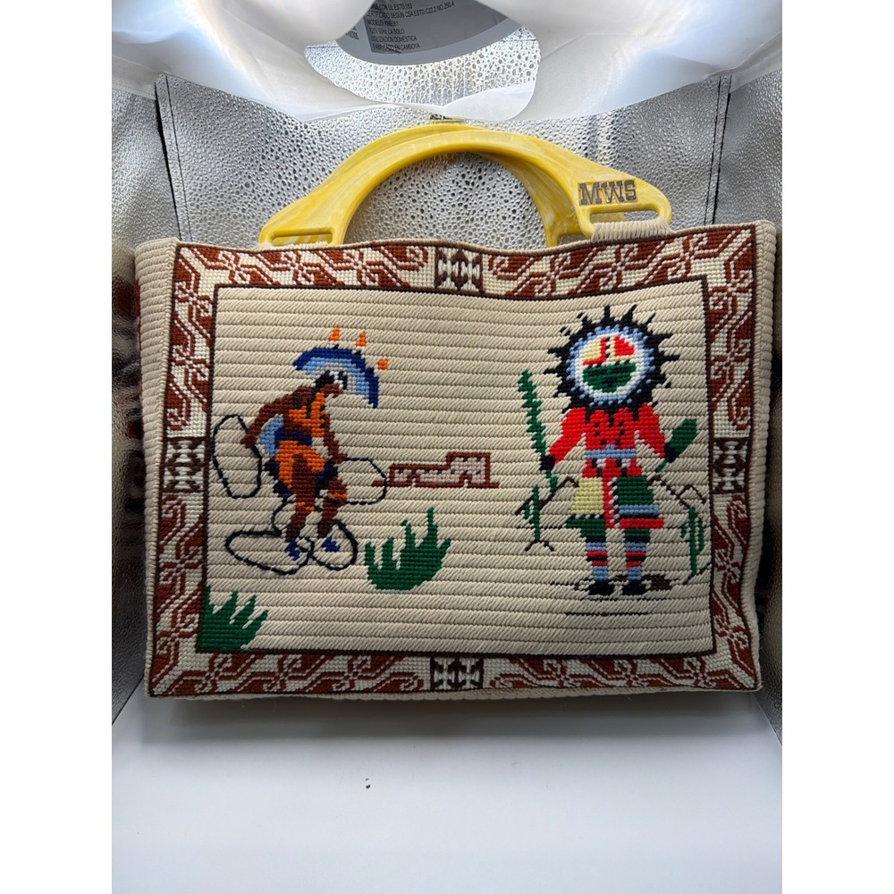 Vintage MWS Needlepoint Tote Bag Southwest Kachina Figures Yellow Lucite Handles